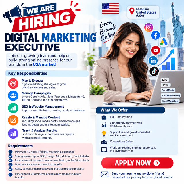 CREATE DIGITAL MARKETING EXCEUTIVE JOB POST FOR USA